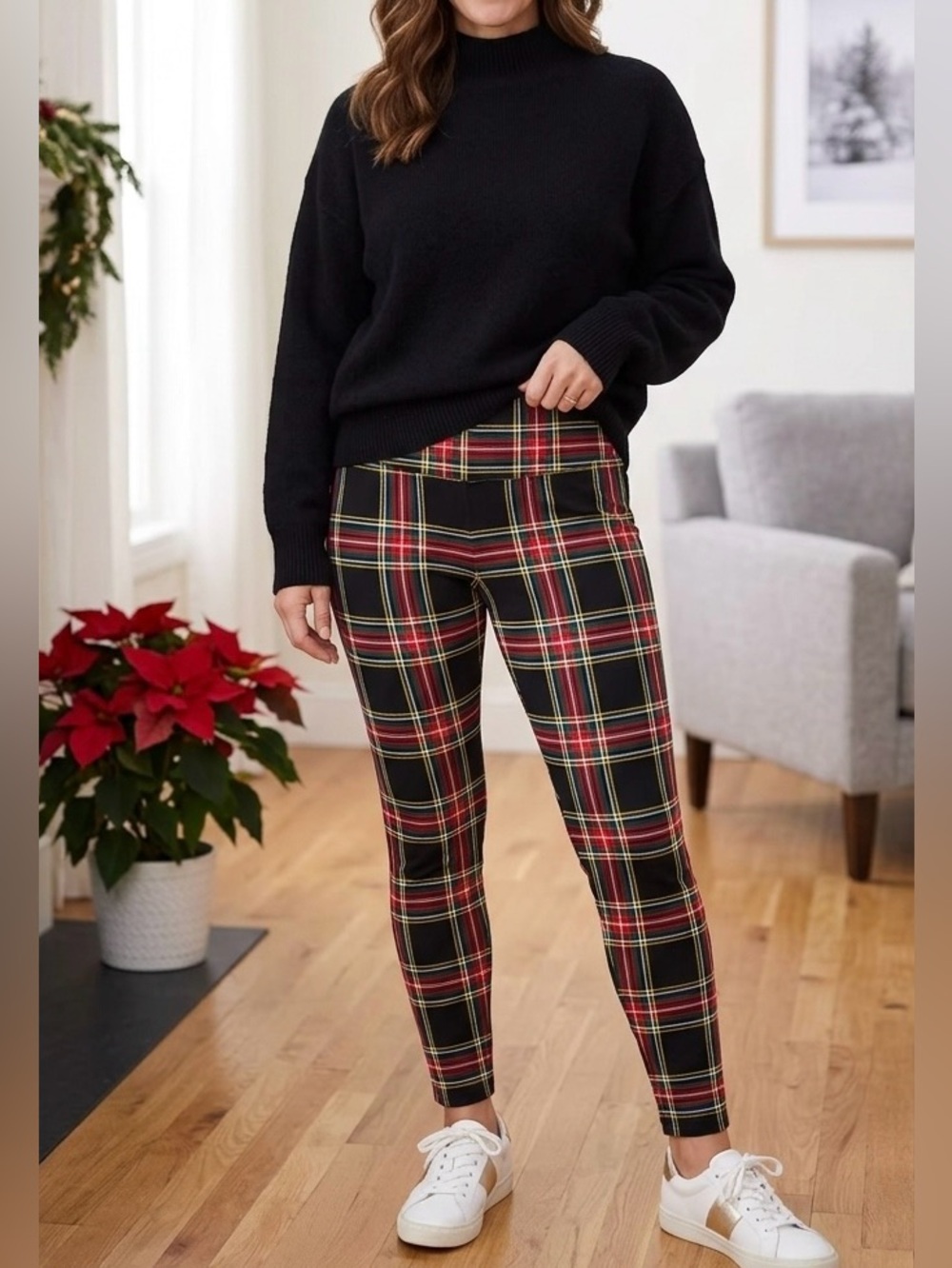J. Crew Holiday Tartan Everyday Leggings Plaid Black Red Size L